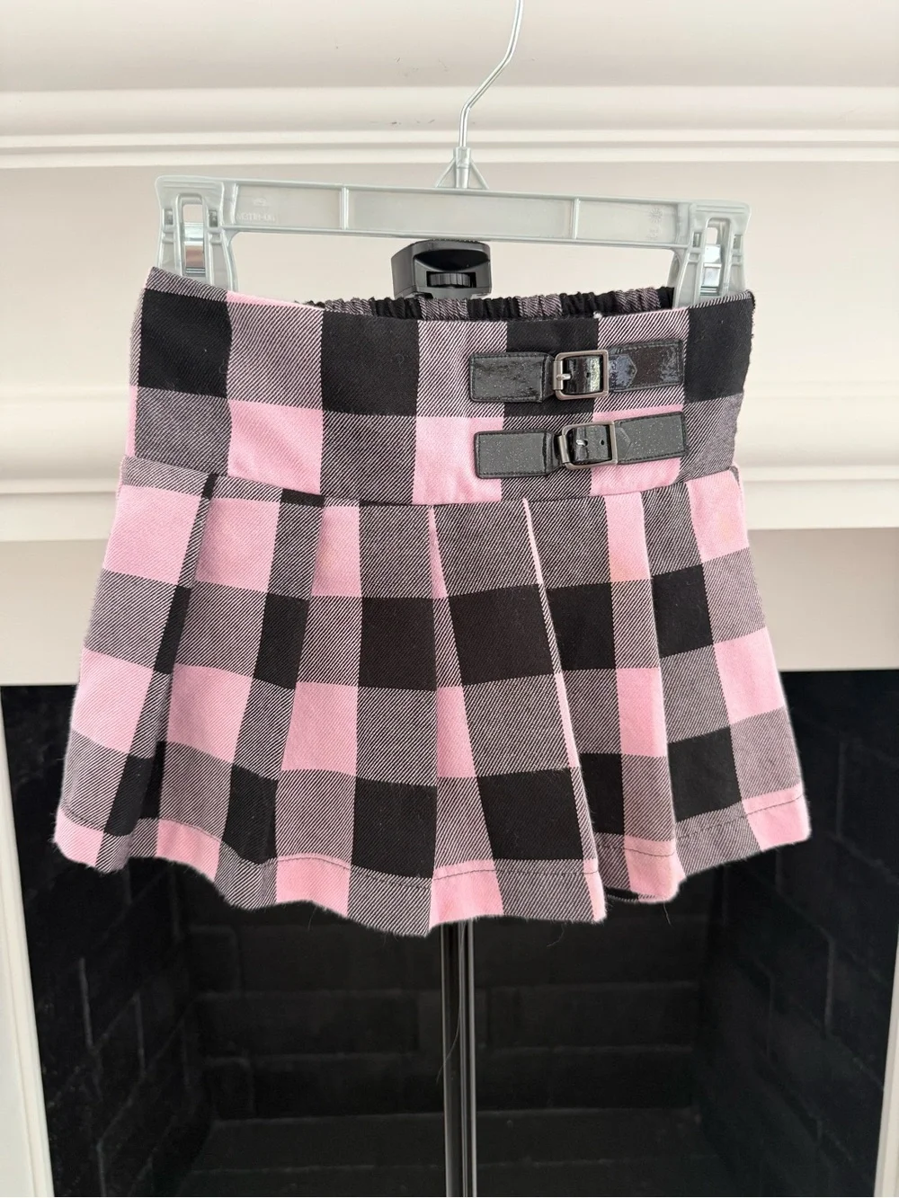 Justice Pink and Black Plaid Pleated Mini Skirt with Buckle Straps